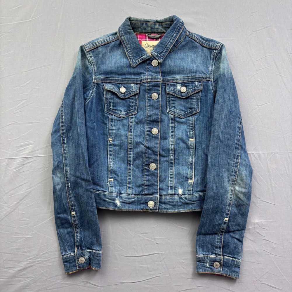 Aeropostale Eighty-Seven Juniors Wash Distressed Denim Jacket Plaid Lined Size M